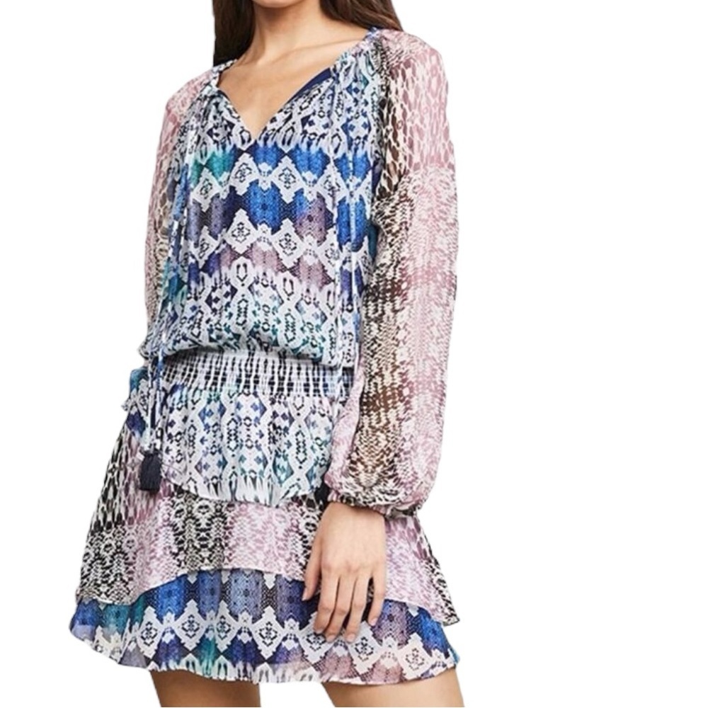 RAMY BROOK Kayden Printed Sheer Long Sleeve Smock Waist Mini Dress Size Small